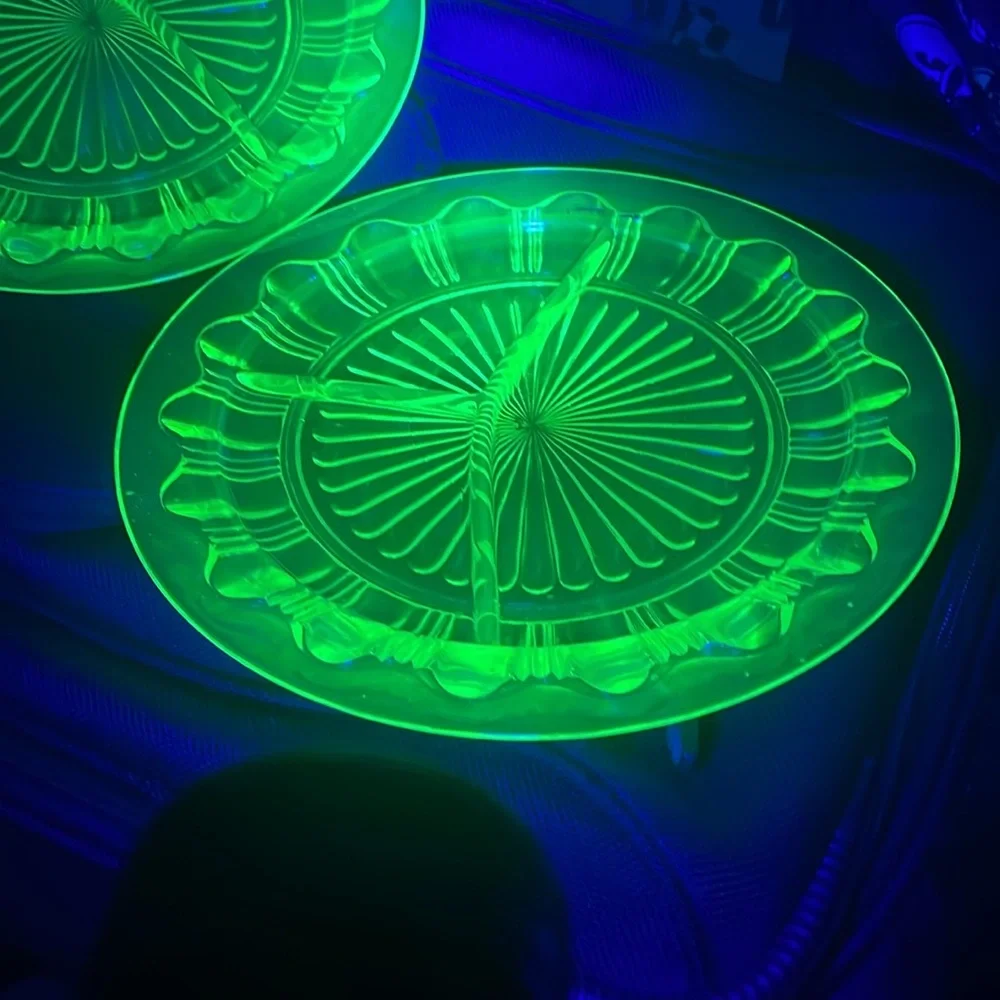 Pair Vintage uranium glowing Glass 3 section Plates 10”